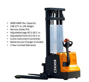 EKKO EB20E electric pallet stacker with 4000-4400 lbs capacity and adjustable forks and legs