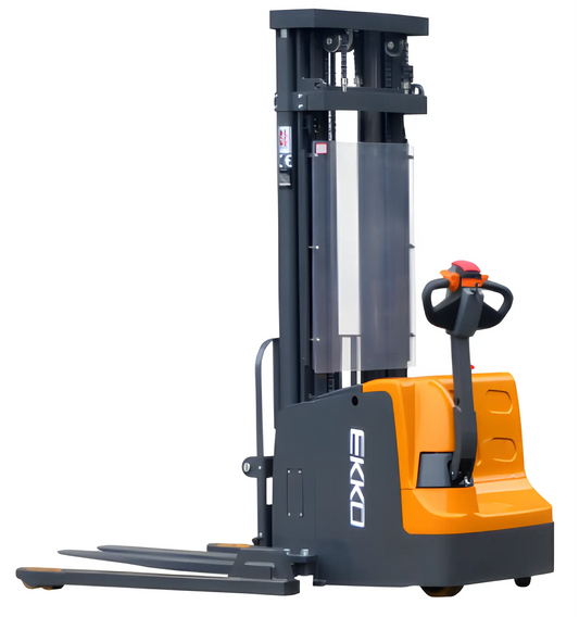 EKKO EB20E electric pallet stacker in black and orange with dual forks and upright lifting mast