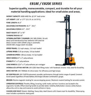 EKKO EB20E electric forklift with compact design, adjustable forks, and sturdy mast for material handling