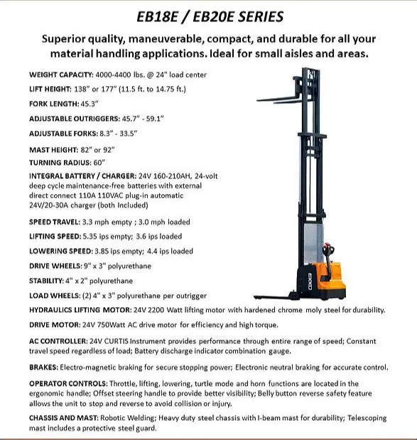 EKKO EB20E electric forklift with compact design, adjustable forks, and sturdy mast for material handling