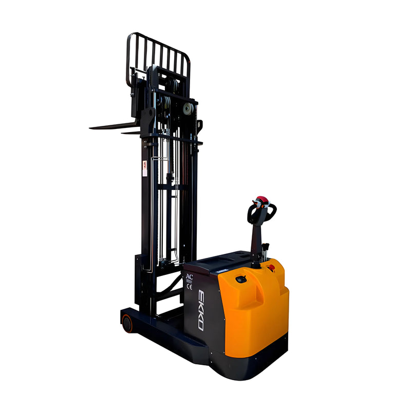 EKKO EH15TH electric walkie stacker forklift with yellow and black body for warehouse lifting