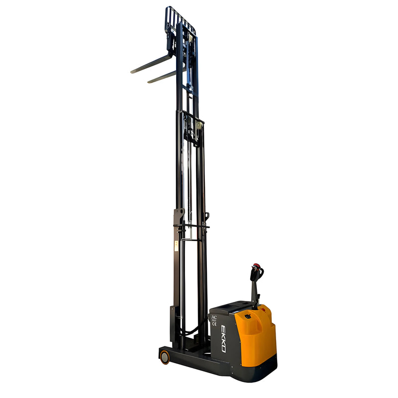 EKKO EH15TH electric forklift stacker with extended mast and orange black body