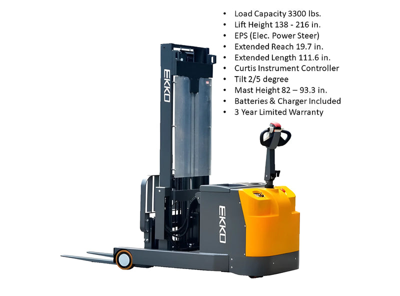 EKKO EH15TH electric stacker forklift with 3300 lbs load capacity and 216-inch lift height