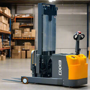 EKKO EH15TH electric pallet stacker with yellow and gray body in warehouse setting