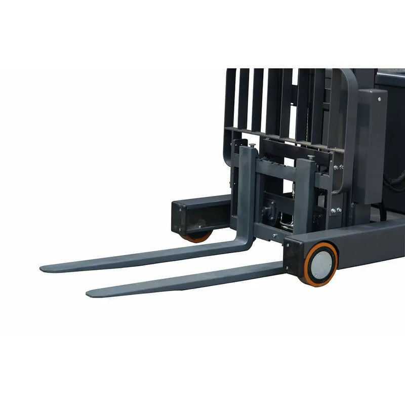 Close-up of forklift forks and wheels on EKKO EH15TH industrial pallet truck