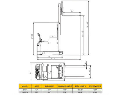 Technical drawing and dimensions of the EKKO EH15TH electric pallet stacker with lift height and max mast height