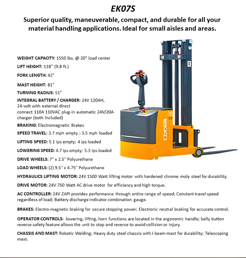 EKKO EK07S compact electric stacker with durable mast and ergonomic controls for material handling