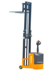 EKKO EK07S electric forklift with adjustable forks and compact orange body for warehouse use