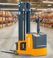 EKKO EK07S electric pallet stacker in warehouse with orange and gray body for material handling