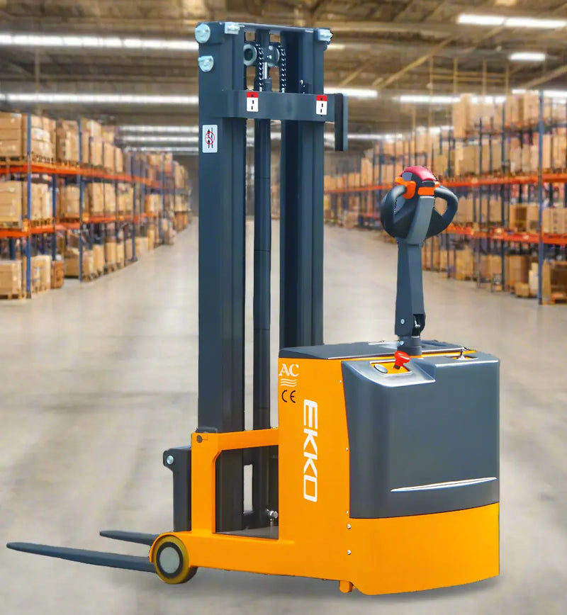 EKKO EK07S electric pallet stacker in warehouse with orange and gray body for material handling