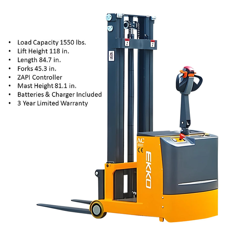 EKKO EK07S electric pallet stacker forklift with 1550 lbs load capacity and 118 inch lift height