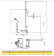 Technical drawing and dimensions of EKKO EK07S forklift with mast and lift height details
