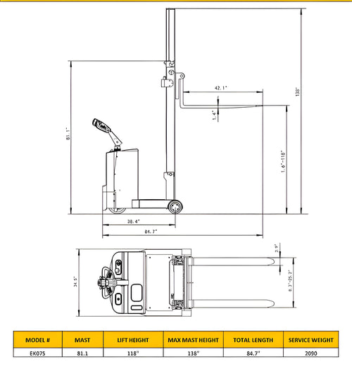 Technical drawing and dimensions of EKKO EK07S forklift with mast and lift height details