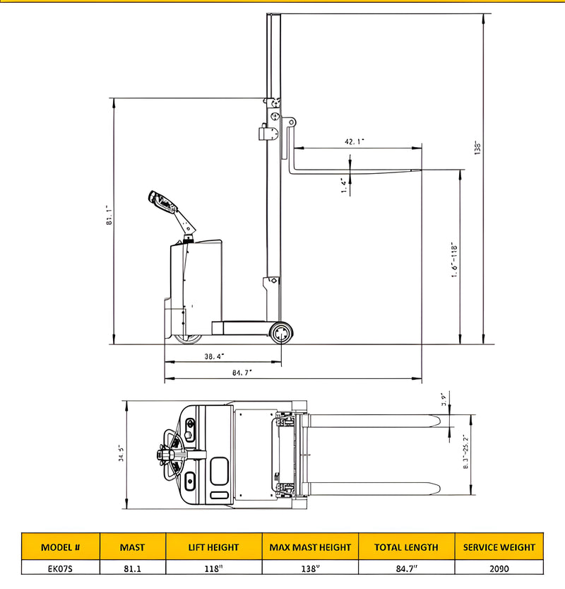 Technical drawing and dimensions of EKKO EK07S forklift with mast and lift height details