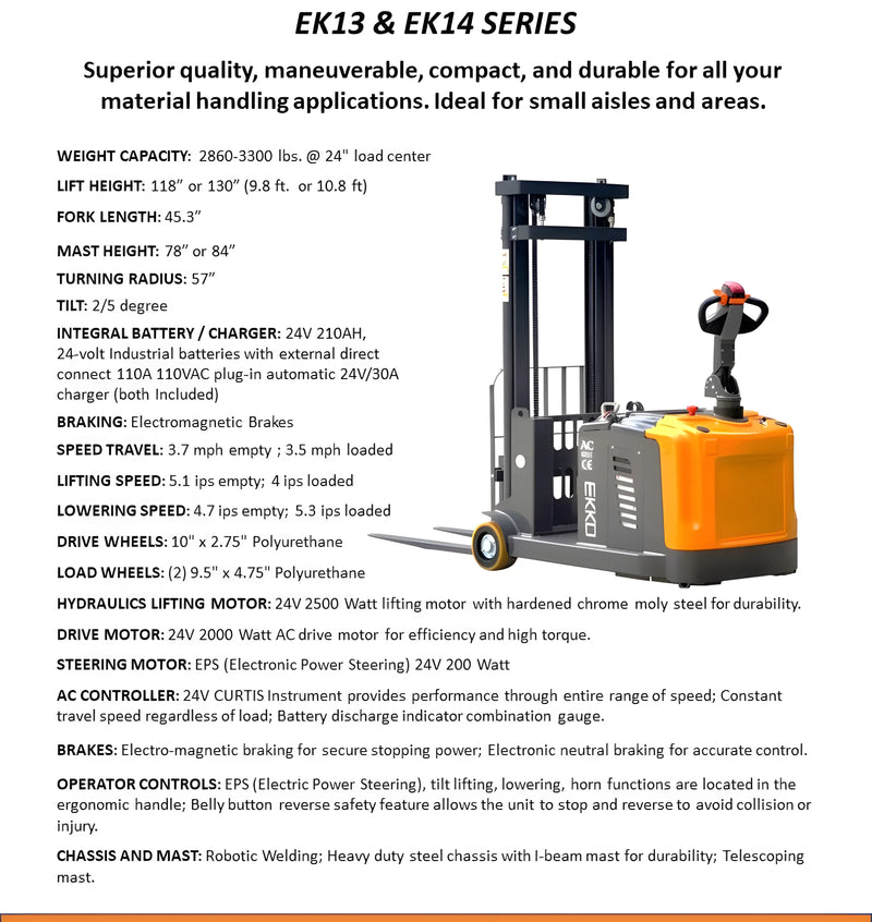 EKKO EK14-130 electric pallet stacker with compact design, durable chassis, and ergonomic handle for material handling
