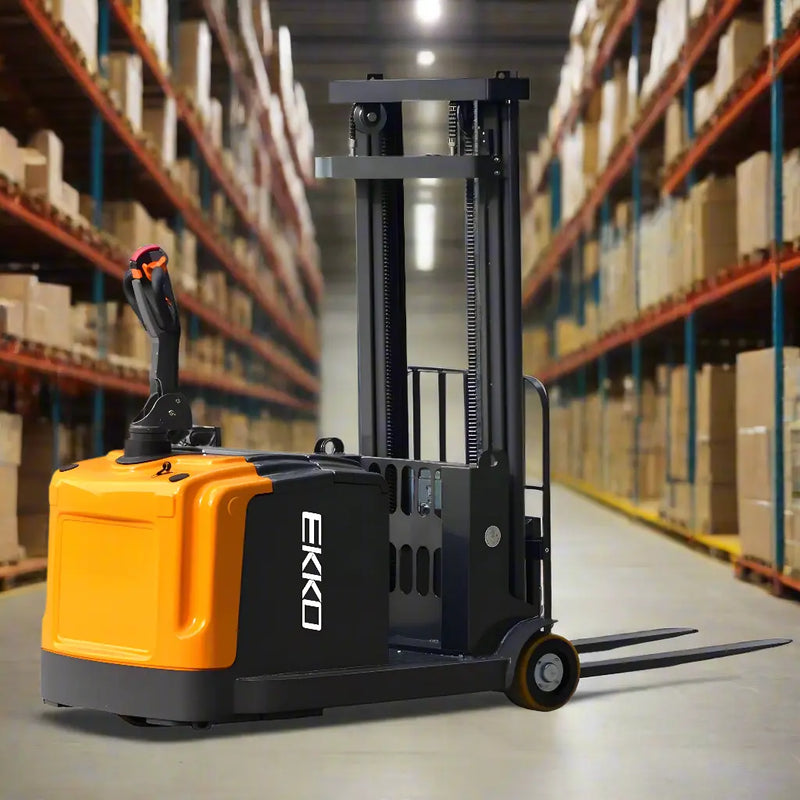 EKKO EK14-130 electric pallet stacker forklift with orange and black body in warehouse aisle