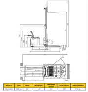 Technical blueprint of EKKO EK14-130Li pallet jack with load capacity 3300 lbs and lift height 130 inches