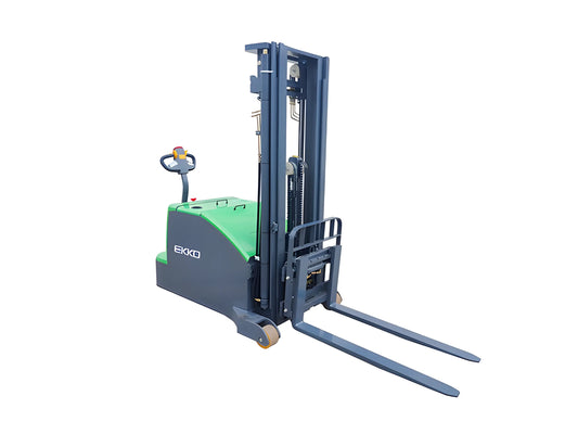 EKKO EK14C-130Li electric pallet stacker with green and black body and extended forks