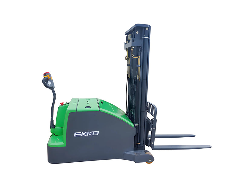 EKKO EK14C-130Li electric pallet stacker with green and black body and lifting forks