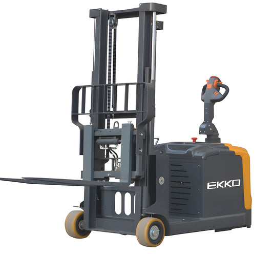 EKKO EK14S-130 pallet stacker with black and yellow body and ergonomic handle for material handling