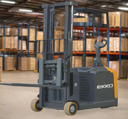 EKKO EK14S-130 pallet stacker with black and orange design in warehouse setting