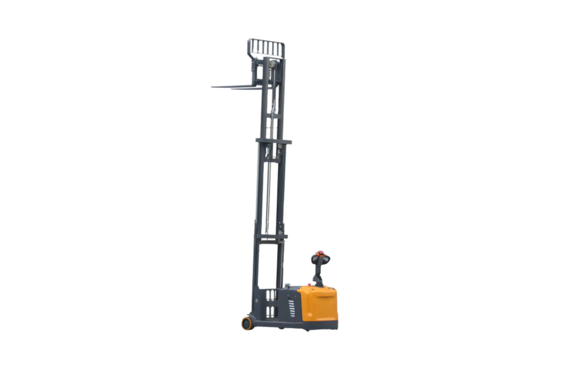 EKKO EK14S-130 pallet stacker with tall lifting mast and yellow base for warehouse use