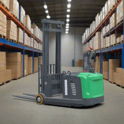 EKKO EK14S-130LI electric forklift in warehouse aisle with stacked cardboard boxes on shelves