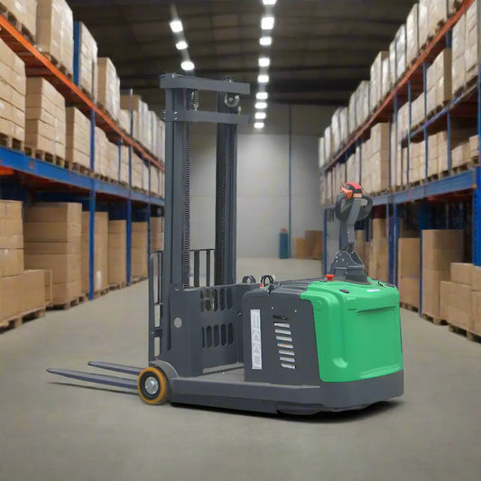 EKKO EK14S-130LI electric forklift in warehouse aisle with stacked cardboard boxes on shelves