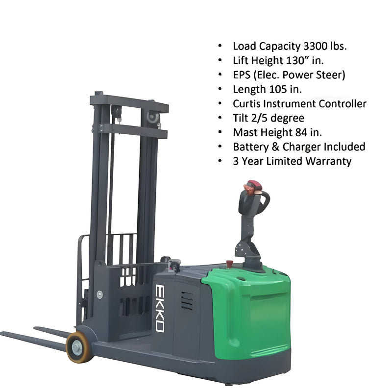 EKKO EK14S-130LI electric forklift with 3300 lbs load capacity and 130-inch lift height