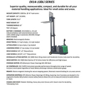 EKKO EK14S-130LI electric pallet stacker with 3300 lbs capacity and 130 inch lift height for material handling