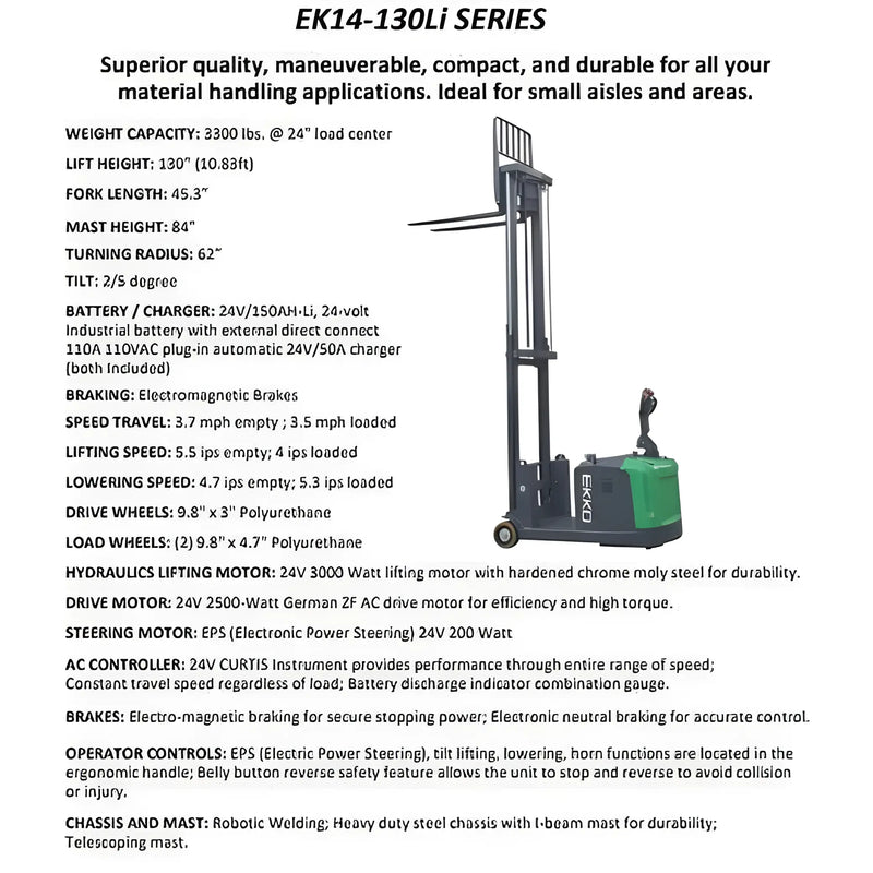 EKKO EK14S-130LI electric pallet stacker with 3300 lbs capacity and 130 inch lift height for material handling