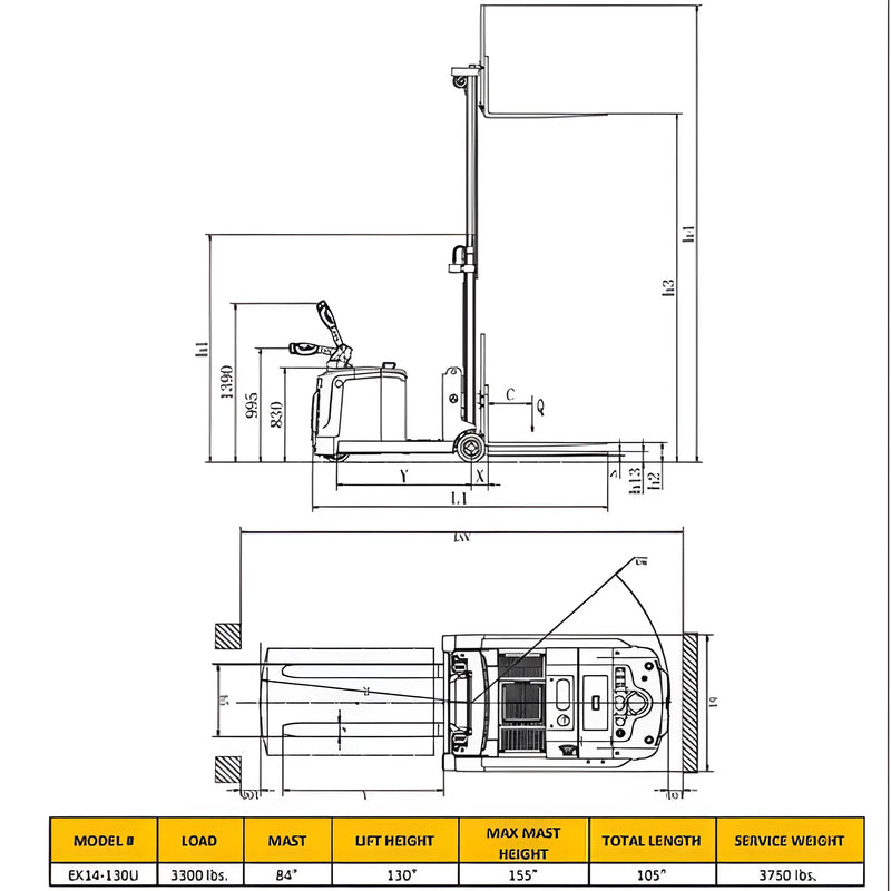 Technical drawing of EKKO EK14S-130LI pallet stacker showing dimensions and load capacities