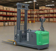 EKKO EK14S-189LI electric forklift with green and black design in warehouse with stacked boxes