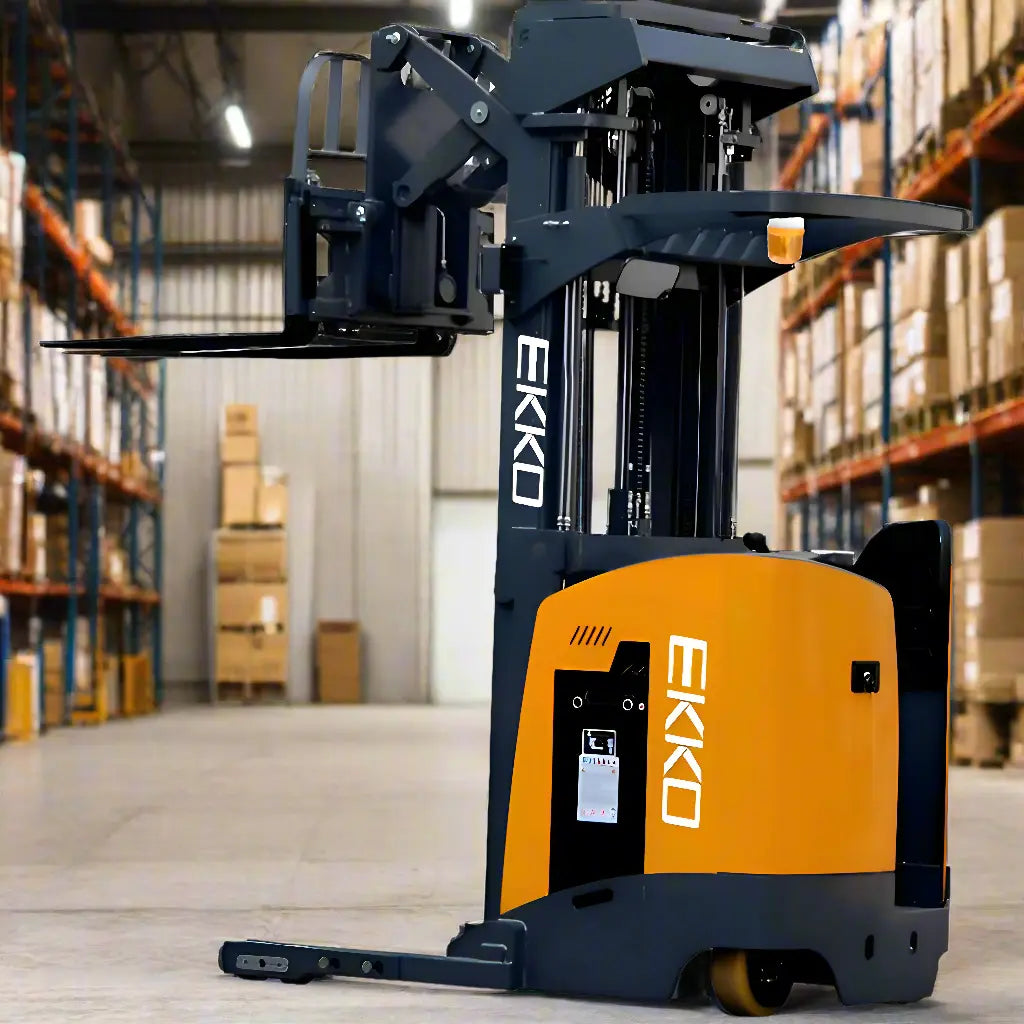 EKKO EK18RR forklift with orange and black body lifting pallets in a warehouse