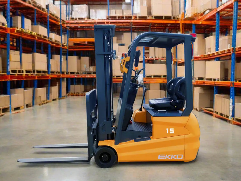 EKKO electric forklift straddle stacker in warehouse with yellow body and black forks