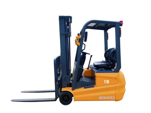 EKKO yellow and black electric forklift straddle stacker with operator seat and lifting forks