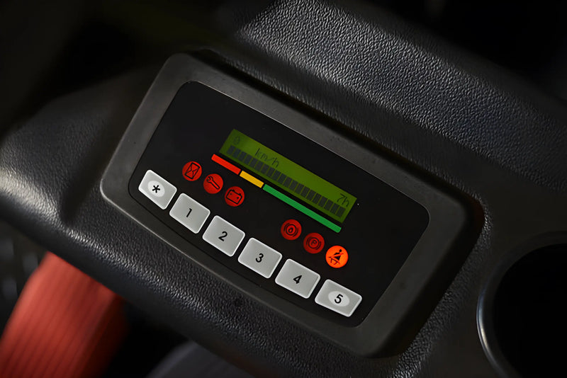 Control panel display with buttons on EKKO electric forklift showing battery and operation status