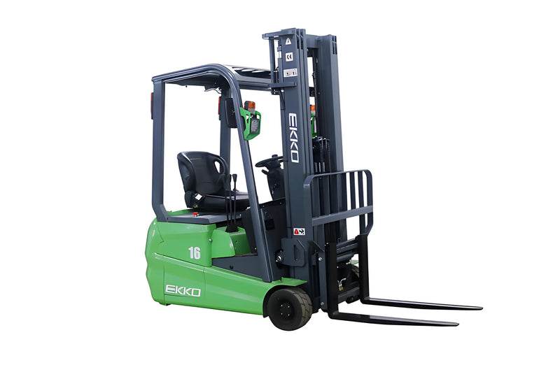 EKKO green and black Electric Forklift with safety cage and dual lifting forks for warehouse use