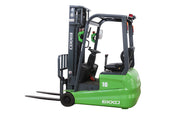 EKKO green electric forklift with single seat and dual front forks for warehouse lifting