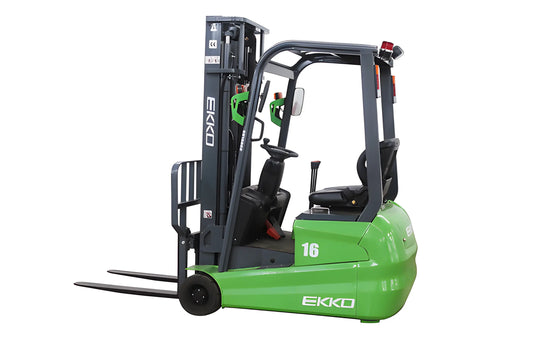 EKKO green electric forklift with single seat and dual front forks for warehouse lifting