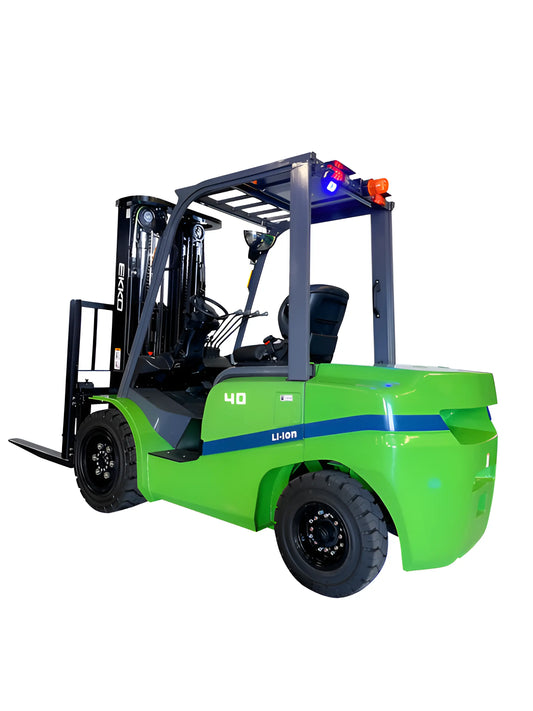EKKO green electric forklift with black forks and lithium-ion battery for industrial use