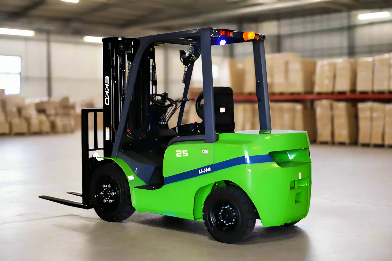 EKKO electric forklift in bright green with black fork and operator seat inside warehouse