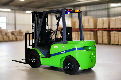 EKKO electric forklift in bright green with black fork and operator seat inside warehouse