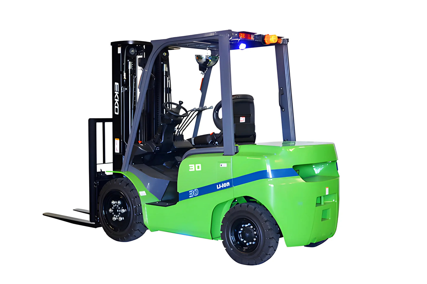 EKKO green and black electric forklift with safety lights and sturdy lift forks