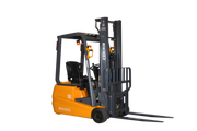 EKKO orange and gray electric forklift with safety features and dual lifting forks