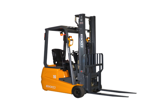 EKKO orange and gray electric forklift with safety features and dual lifting forks