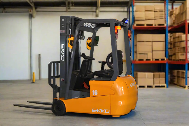 EKKO Electric Forklift in warehouse with orange and black design for efficient material handling