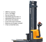 EKKO Electric Pallet Stacker with 2800 lbs capacity and 119 inch lift height for narrow aisles