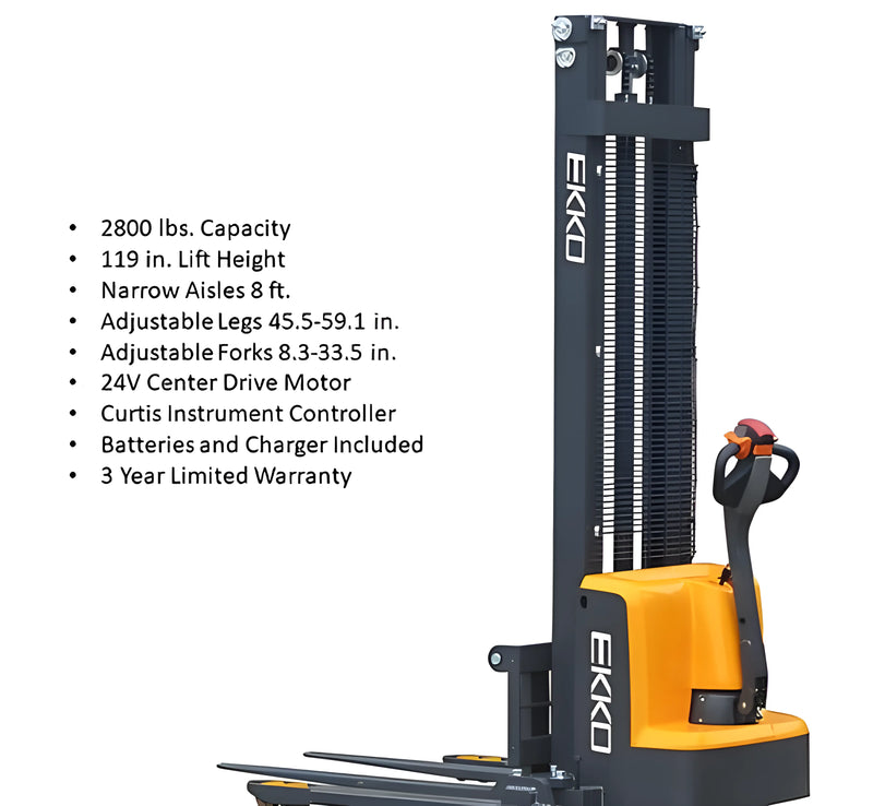 EKKO Electric Pallet Stacker with 2800 lbs capacity and 119 inch lift height for narrow aisles
