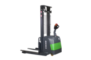 EKKO electric pallet stacker with green and gray body and ergonomic handle on black background